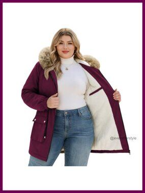 Women's Plus Size Winter Parka Fleece Sherpa Lined Fur Hood Coat